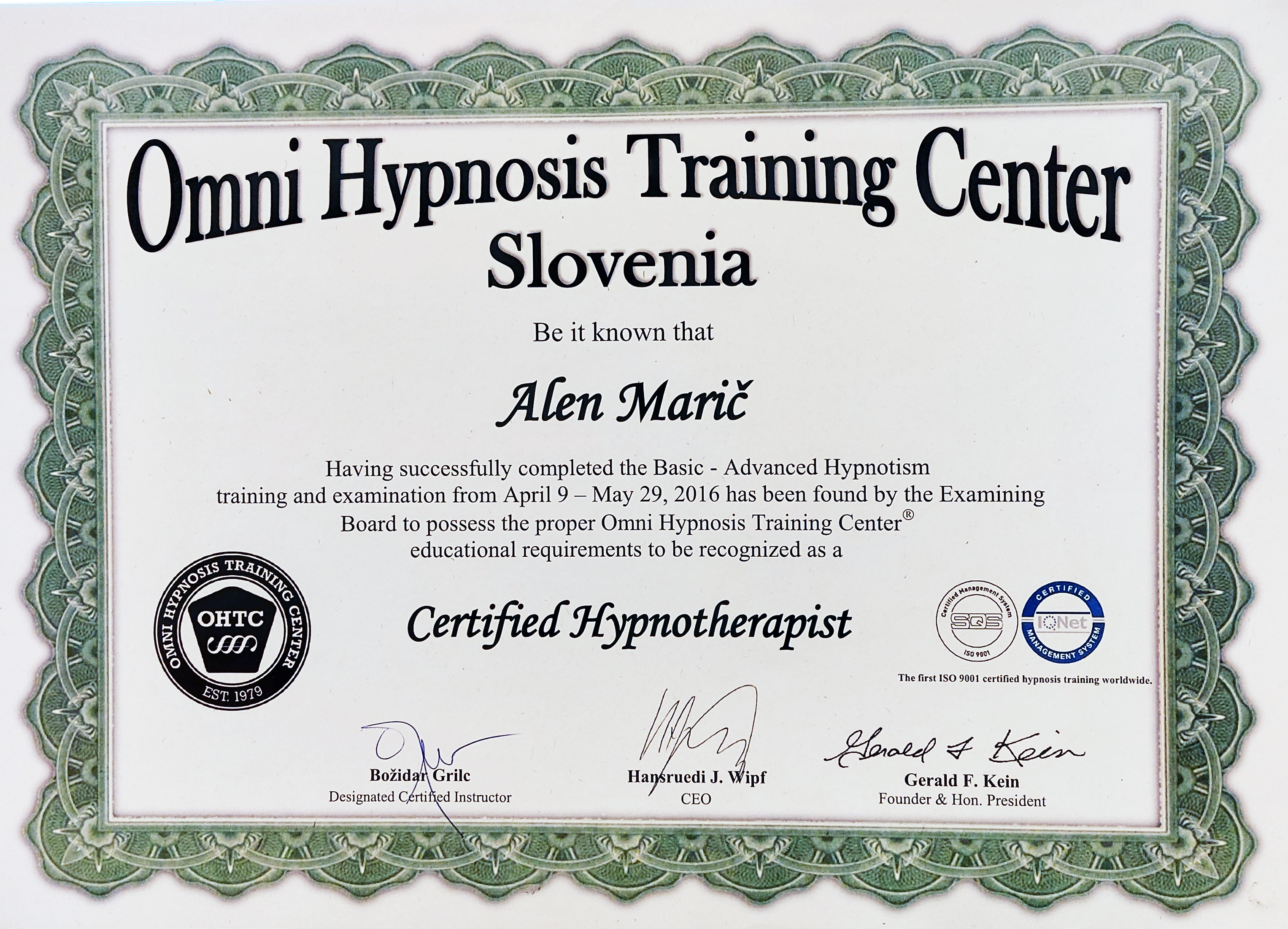 Certifikat Omni Hypnosis Training Center